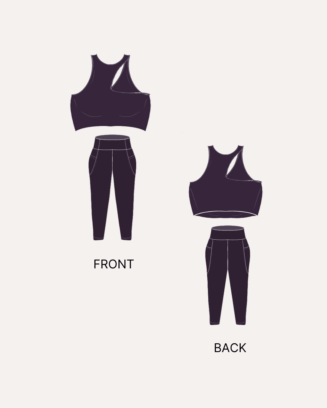 Illustration of sports bra and leggings pattern with front and back views