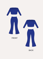 Blue cropped off-shoulder top with long sleeves, front and back views illustration