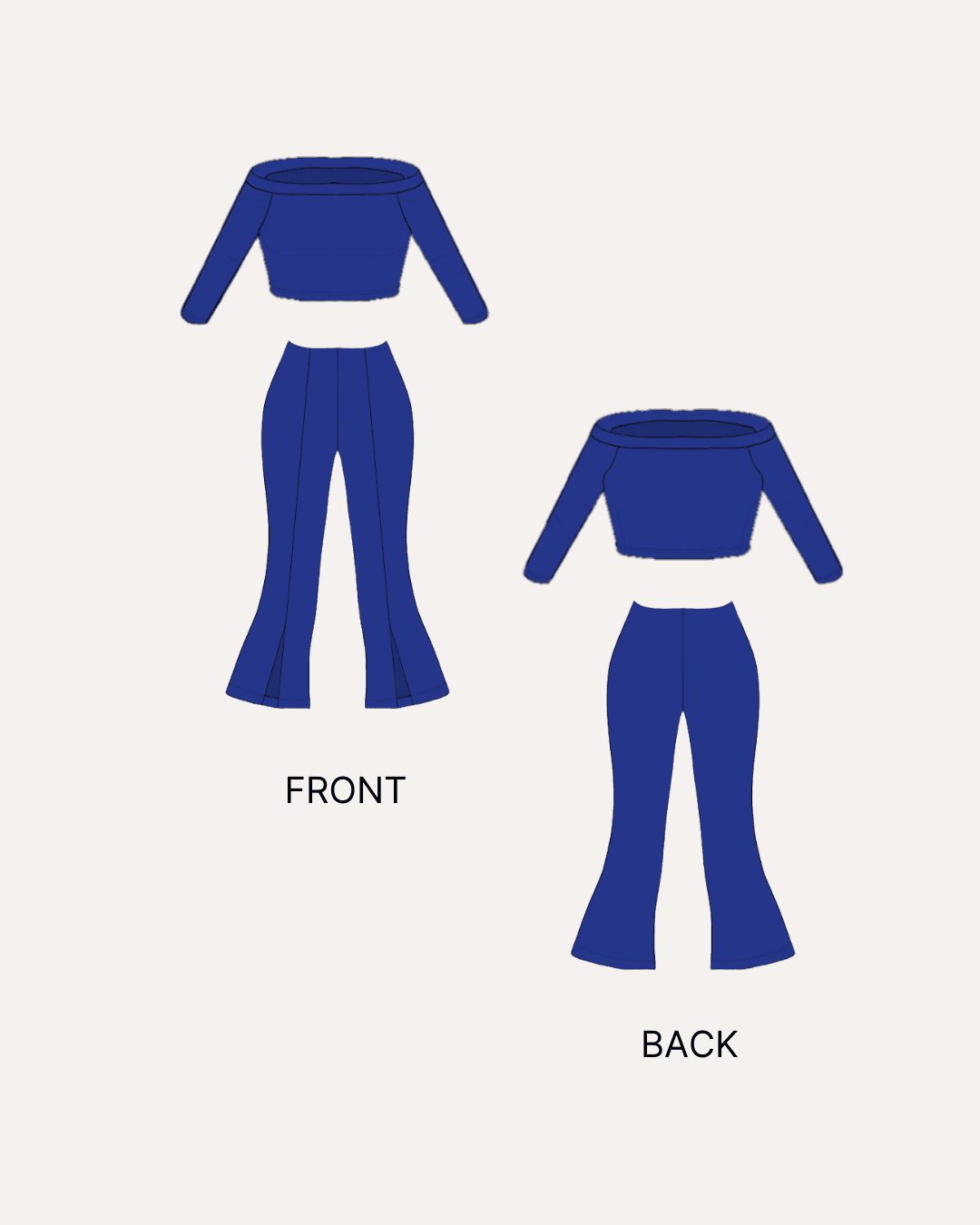 Blue cropped off-shoulder top with long sleeves, front and back views illustration