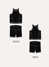 Illustration of athletic tank top and biker shorts sewing pattern with front and back views