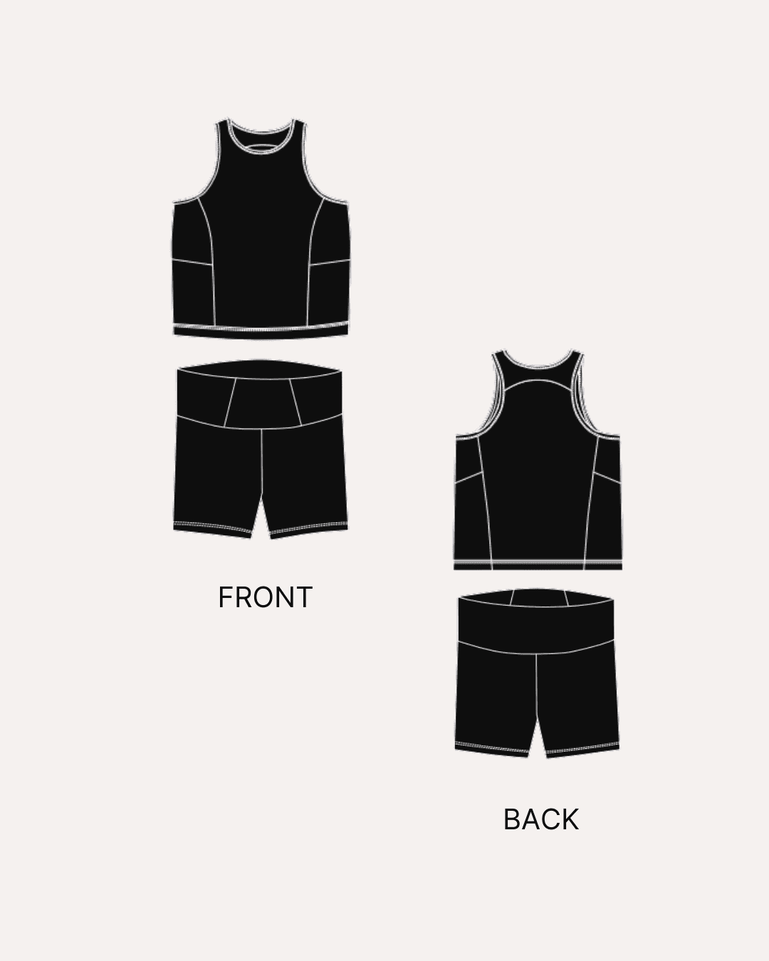 Illustration of athletic tank top and biker shorts sewing pattern with front and back views