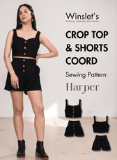 Black crop top and high waisted shorts sewing pattern with button details