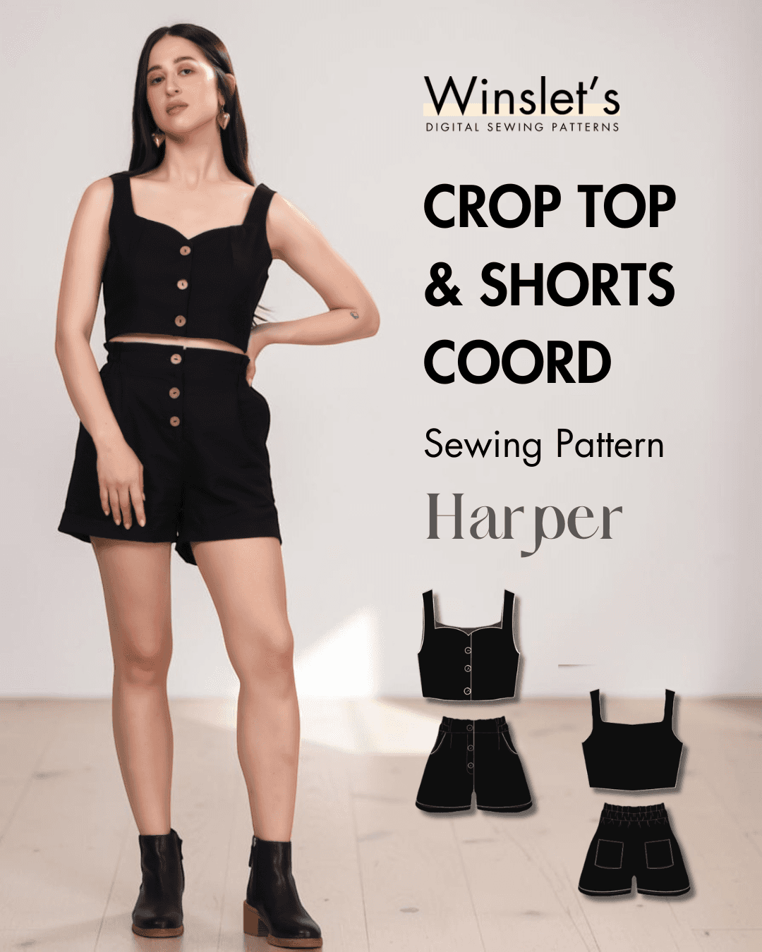 Black crop top and high waisted shorts sewing pattern with button details
