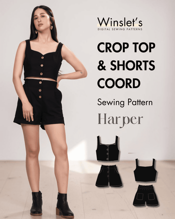 Black crop top and high waisted shorts sewing pattern with button details