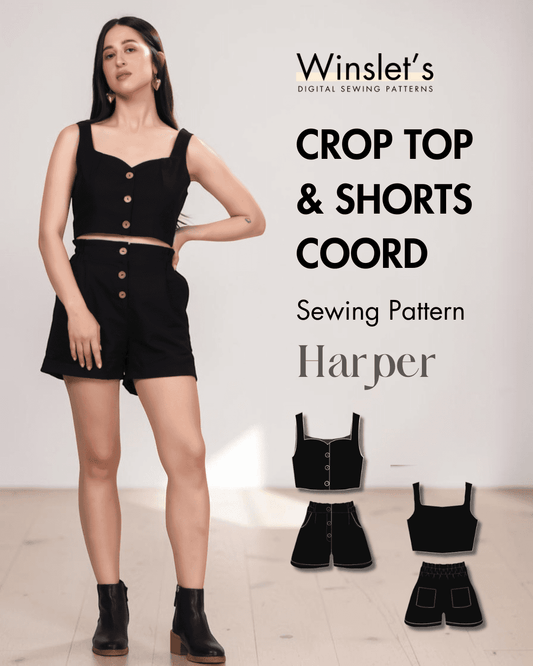 Black crop top and high waisted shorts sewing pattern with button details