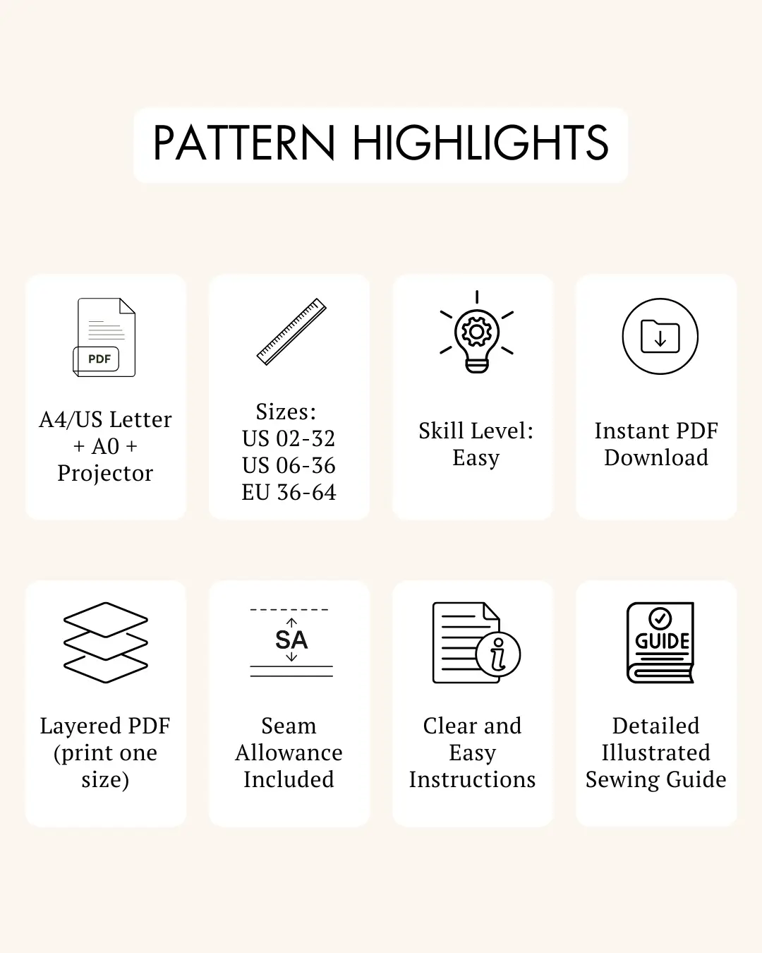 Pattern highlights for Ruffled Tiered Skirt Sewing Pattern 'Amy' showing features like easy skill level, layered PDF, and detailed sewing guide.