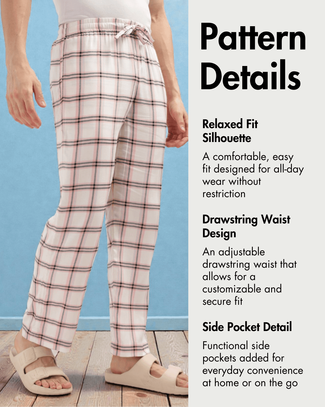 Pattern details for Men's Lounge Pajama Pants Sewing Pattern 'Dan' with relaxed fit, drawstring waist, and side pockets for DIY loungewear projects.