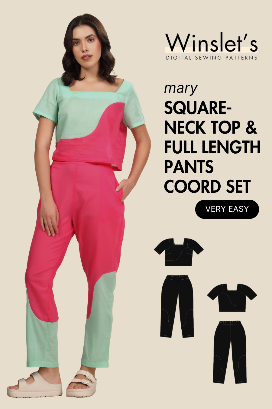 Square-Neck Top and Full Length Pants Coord Set Sewing Pattern 'Mary'