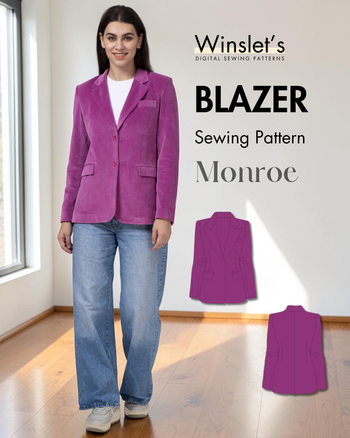Winslet's Monroe blazer sewing pattern cover: model wearing a purple blazer with jeans