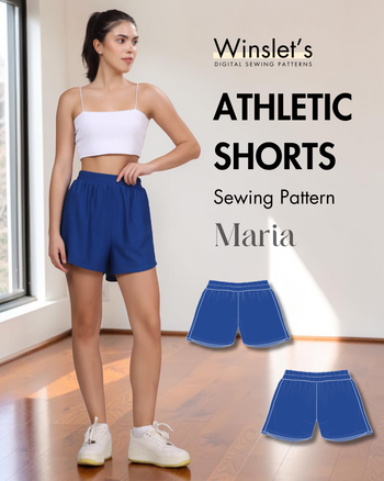 Winslet's Maria athletic shorts sewing pattern cover: model wearing navy blue shorts with a white crop top
