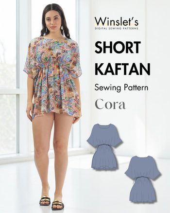 Winslet's Cora short kaftan sewing pattern cover: model in a floral short kaftan