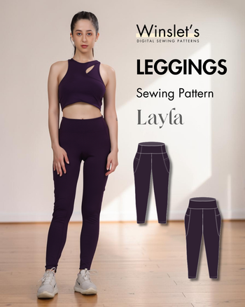 Winslet's Layla leggings sewing pattern cover: model in dark purple leggings and a matching sports bra