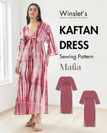 Winslet's Malia kaftan dress sewing pattern cover: model in a pink tie-dye full-length kaftan