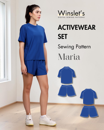 Winslet's Maria activewear coord set sewing pattern cover: model in a blue T-shirt and matching shorts
