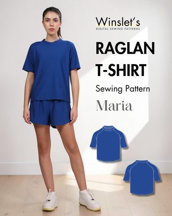 Winslet's Maria raglan T-shirt sewing pattern cover: model in a blue raglan T-shirt and matching shorts