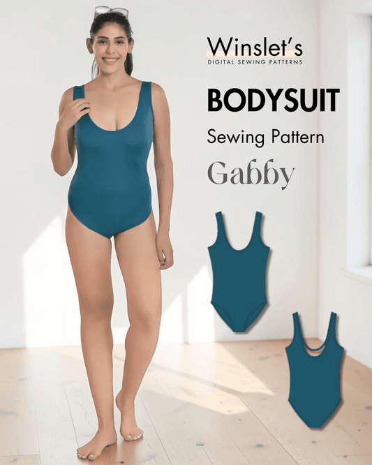 Women’s blue Bodysuit Sewing Pattern 'Gabby' PDF with swimsuit illustration