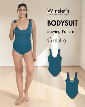 Winslet's Gabby bodysuit sewing pattern cover: model wearing a teal scoop-neck bodysuit