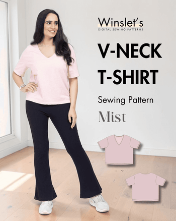 Woman wearing pink V-neck T-shirt with relaxed fit, short sleeves, sewing pattern