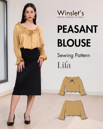 Winslet's Lila peasant blouse sewing pattern cover: model in a gold peasant blouse with a black skirt