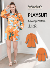 Vibrant orange and blue floral playsuit sewing pattern with long sleeves and belt