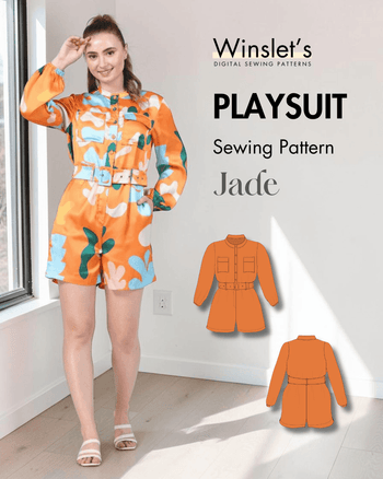 Vibrant orange and blue floral playsuit sewing pattern with long sleeves and belt