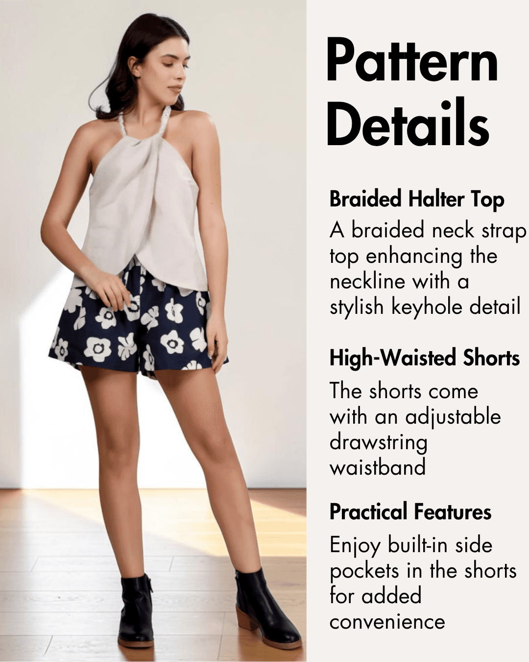 Pattern details for braided halter top and high-waisted shorts with adjustable drawstring