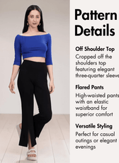 Model wearing off-shoulder crop top with high-waisted flared pants, pattern details