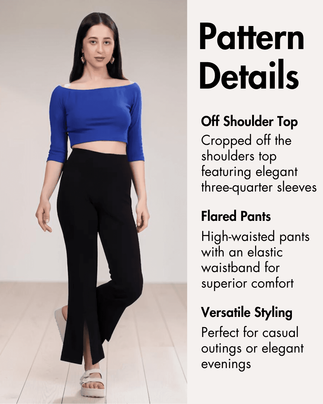Model wearing off-shoulder crop top with high-waisted flared pants, pattern details
