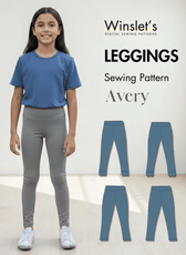 Young girl wearing blue activewear T-shirt and gray leggings with elastic waistband, showcasing Kid's Leggings Sewing Pattern Avery