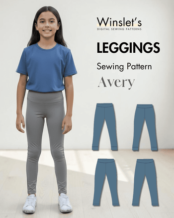 Young girl wearing blue activewear T-shirt and gray leggings with elastic waistband, showcasing Kid's Leggings Sewing Pattern Avery