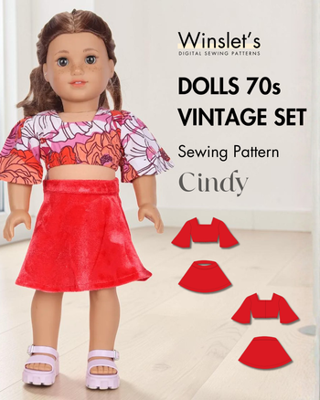 Winslet's Cindy 70s vintage doll sewing pattern cover: doll wearing a floral puff-sleeve top and red flared skirt