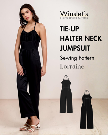 Winslet's Lorraine tie-up halter neck jumpsuit sewing pattern cover: model in a black wide-leg jumpsuit