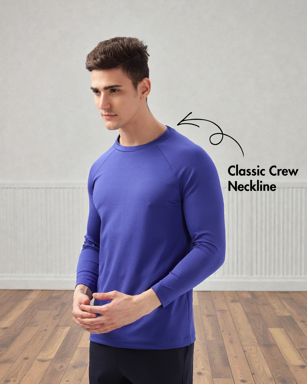 Front view of Men's Raglan T-shirt Sewing Pattern 'Luke' highlighting classic crew neckline and long sleeves for everyday wear.