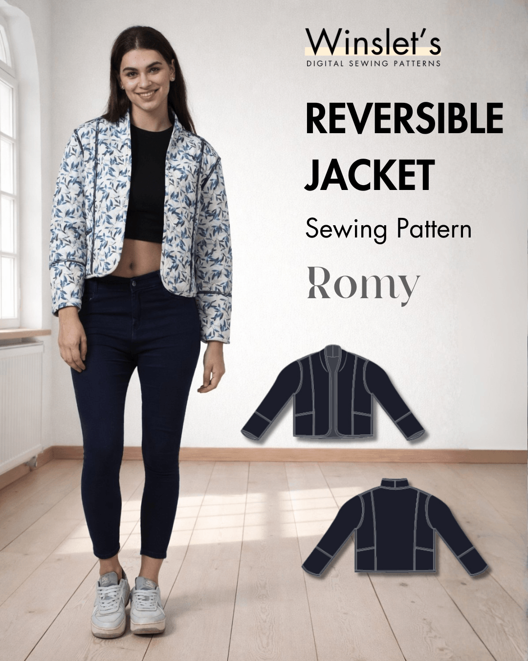 Reversible Jacket PDF Women's Sewing Pattern 'Romy' displayed on model with floral quilted fabric, long sleeves, and contrast binding seams.
