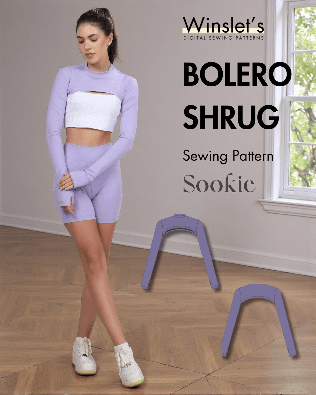 Bolero Shrug Sewing Pattern 'Sookie' with cropped open-front design, long sleeves, and thumbhole cuffs for stretch knit fabrics.