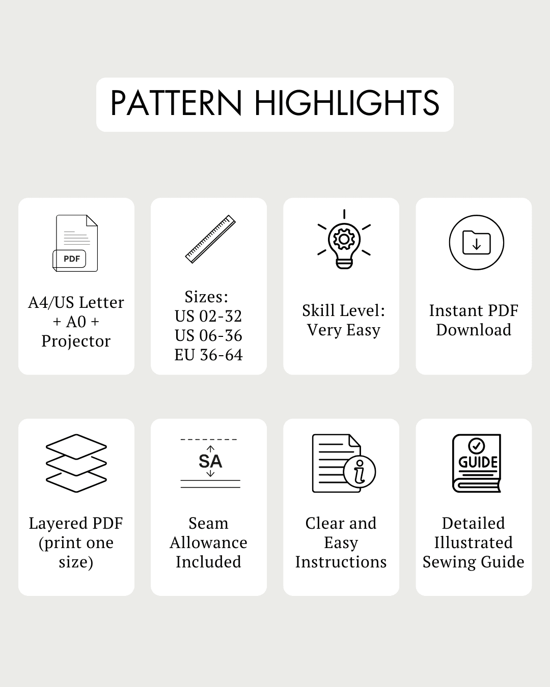 Cardigan PDF women's sweater sewing pattern highlights showing features like layered PDF, easy skill level, and instant download for beginners.