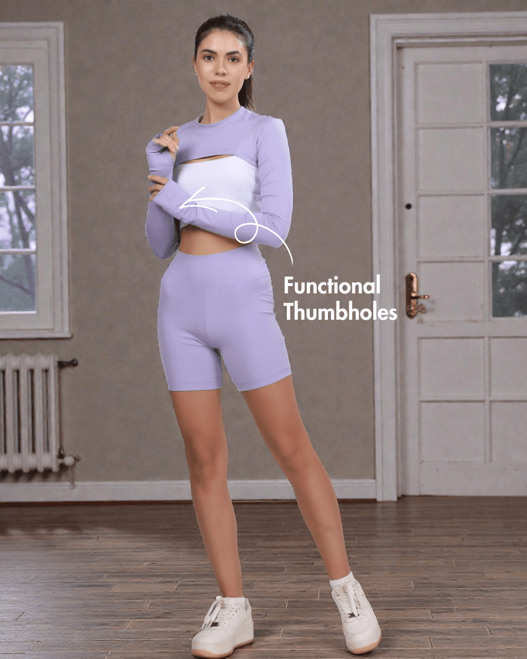 Cropped bolero shrug sewing pattern with functional thumbholes and fitted long sleeves, ideal for bodycon outerwear projects.