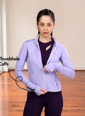 Woman in purple sports jacket with thumbhole cuffs, back view