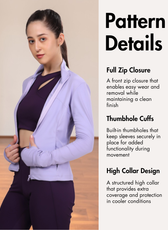 Pattern details for women's sports jacket with full zip, thumbhole cuffs, and high collar