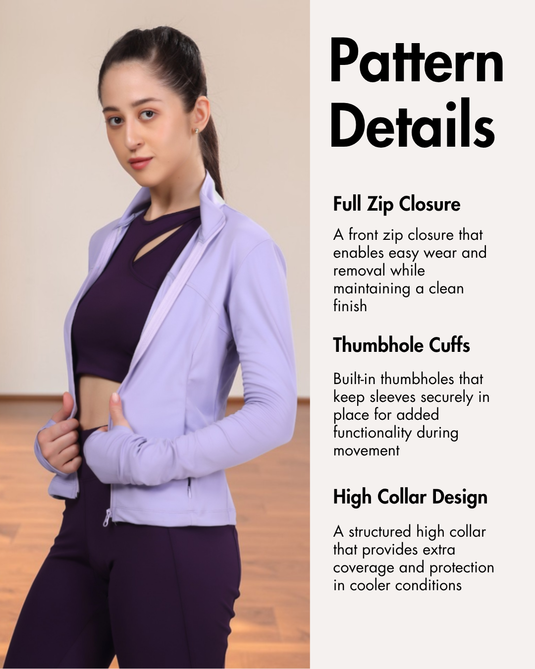 Pattern details for women's sports jacket with full zip, thumbhole cuffs, and high collar