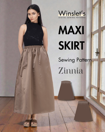 Winslet's Zinnia free maxi skirt sewing pattern cover: model in a tan gathered maxi skirt with a black top