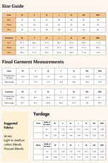 Size and Fabric guide for twist front shirt sewing pattern