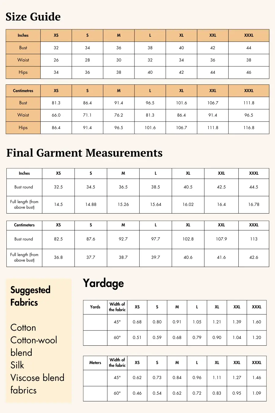 size guide and fabric selection guide for strappy top sewing pattern 