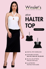 Halter top sewing pattern 'Alice' by Winslet's, featuring a stylish design with a keyhole front and smocked back. Digital PDF download with multiple sizes.