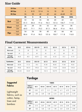 Size guide chart for women's pants sewing pattern with measurements in inches and centimeters