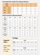 Extended size guide for men's pajama bottoms with final garment measurements in inches and centimeters, including waist, hips, and thigh measurements