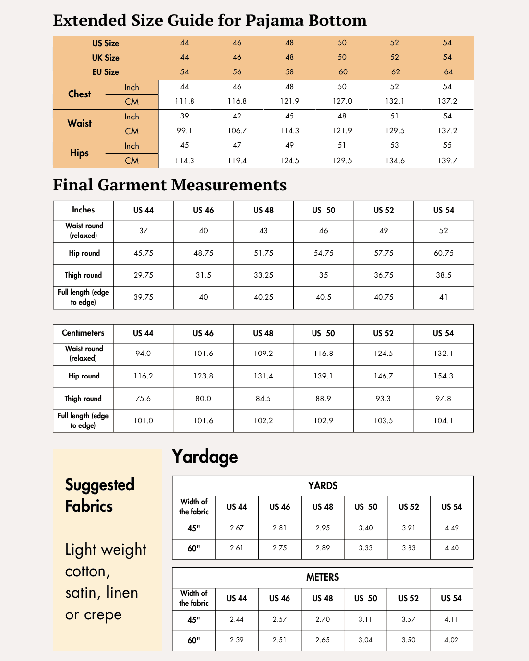 Extended size guide for men's pajama bottoms with final garment measurements in inches and centimeters, including waist, hips, and thigh measurements