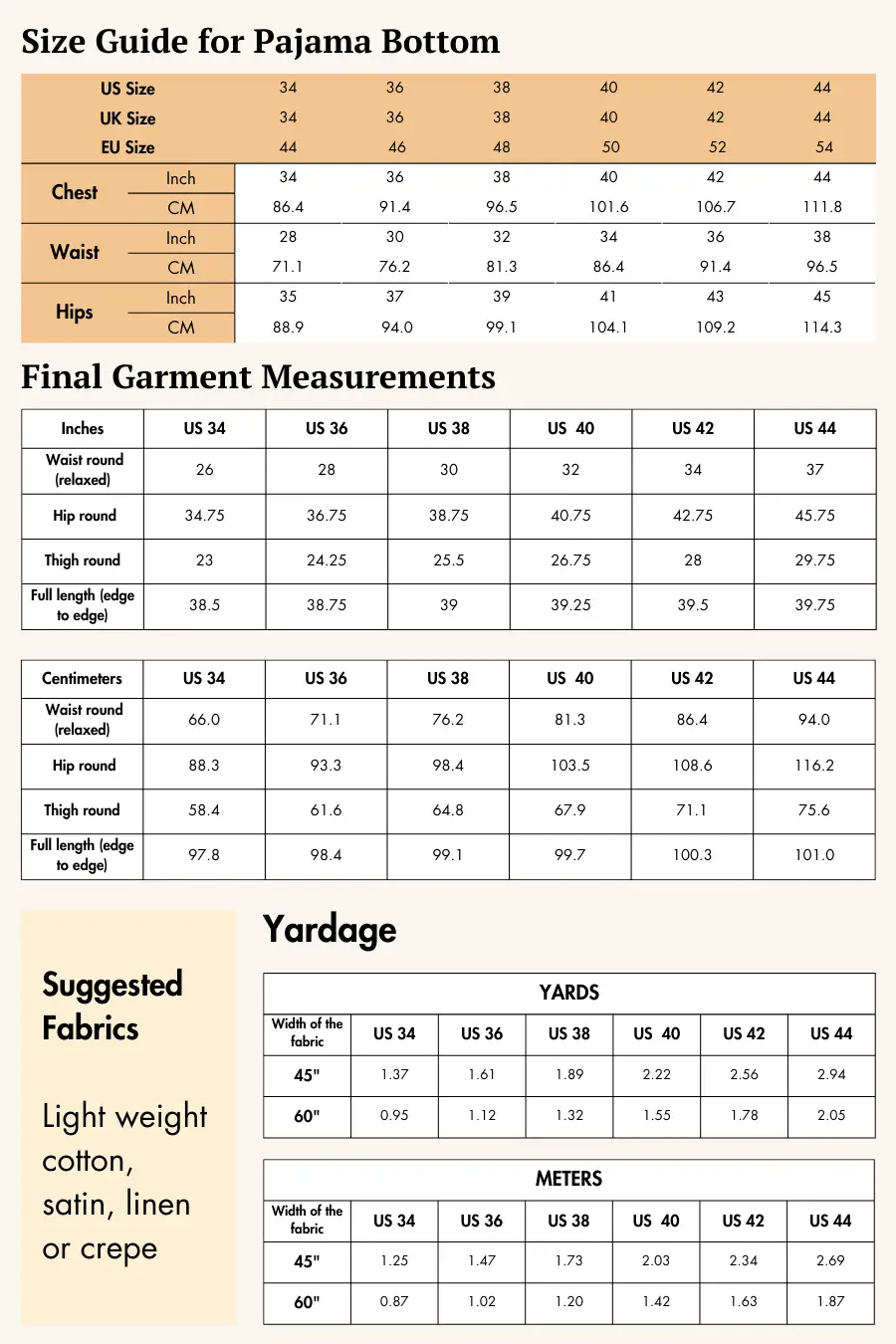 Size guide for the 'Arbor' men's pajama bottom sewing pattern. Includes waist, hip, and length measurements with fabric suggestions.