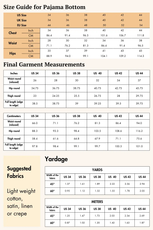 Size guide for the 'Arbor' men's pajama bottom sewing pattern. Includes waist, hip, and length measurements with fabric suggestions.