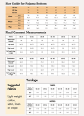 Size guide for men's pajama bottoms with chest, waist, and hips measurements in inches and centimeters, for sewing patterns